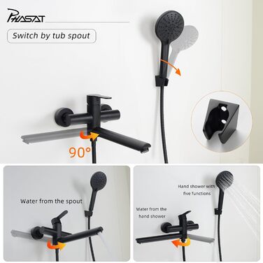 Змішувач для ванни PHASAT з витяжною лійкою, чорний, настінний монтаж, PTBB13E Long spout