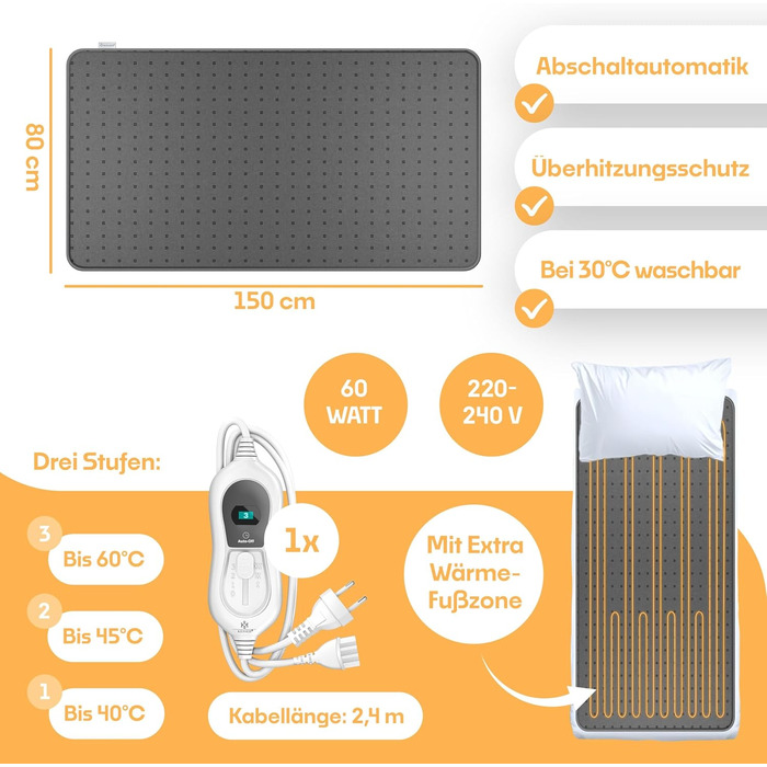 Електрична підігріваюча ковдра KESSER® з двома зонами нагріву та автовимкнення | 3 температурні режими | Підігріваюча підстилка для ліжка | М'яка флісова ковдра білого кольору (160 x 140 см)