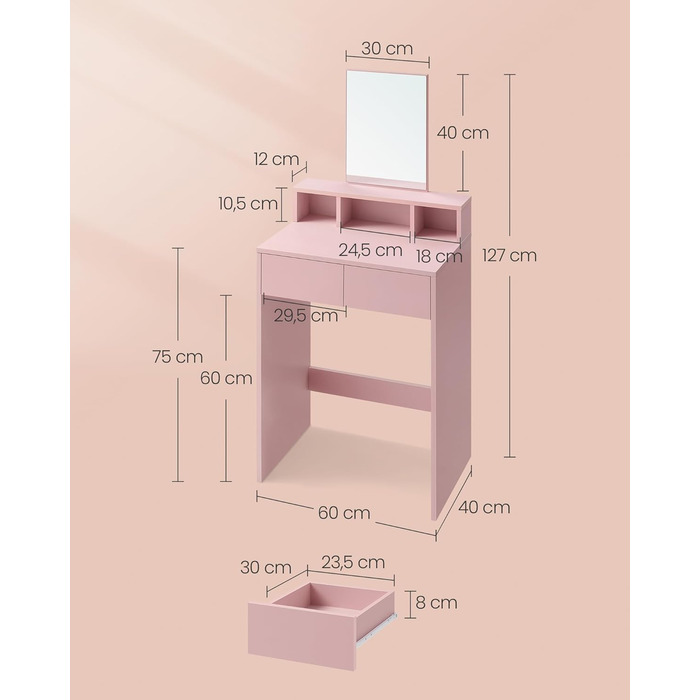 Туалетний столик VASAGLE, велике дзеркало, 2 ящики, 3 відділення, сучасний, RDT113W01, пастельно-рожевий, 60x127 см