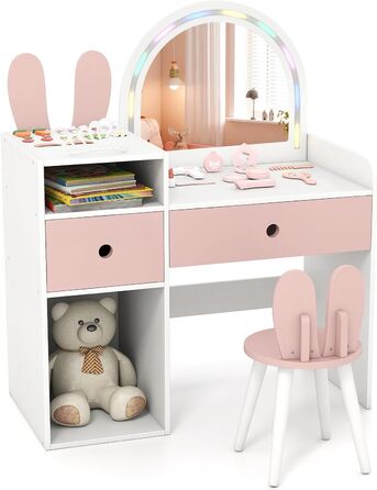 Дитячий туалетний столик COSTWAY з підсвічуванням та табуретом, білий, з 2 шухлядами та аксесуарами для дівчаток від 3 років