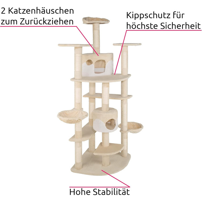 Кігтеточка для кішок tectake XXL для котів, з аксесуарами, 2 котячі печери, висота до стелі, бежевий/білий