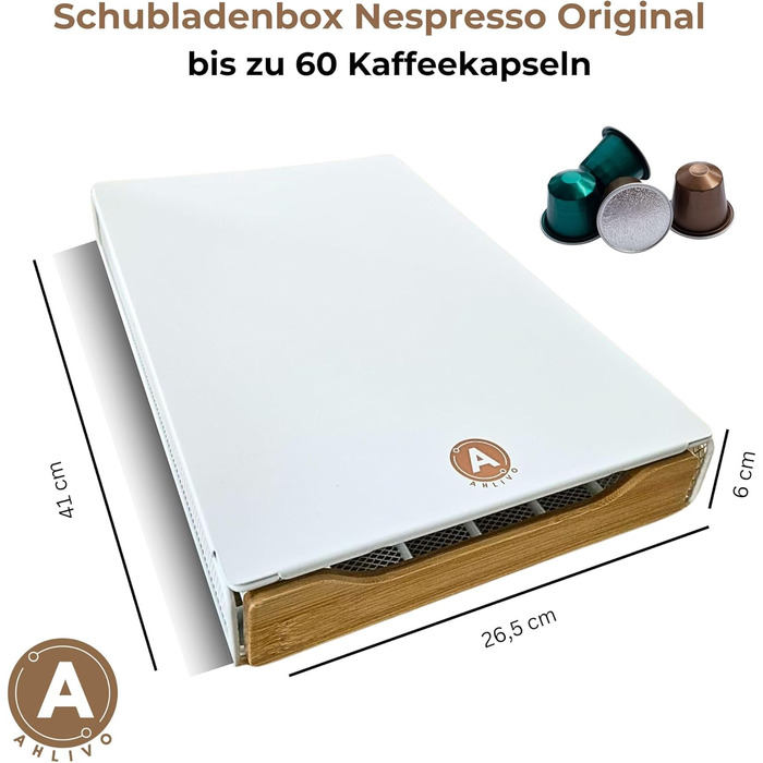 Організатор для капсул кави Nespresso Ahlivo – білий, на 60 капсул, з бамбуковою ручкою