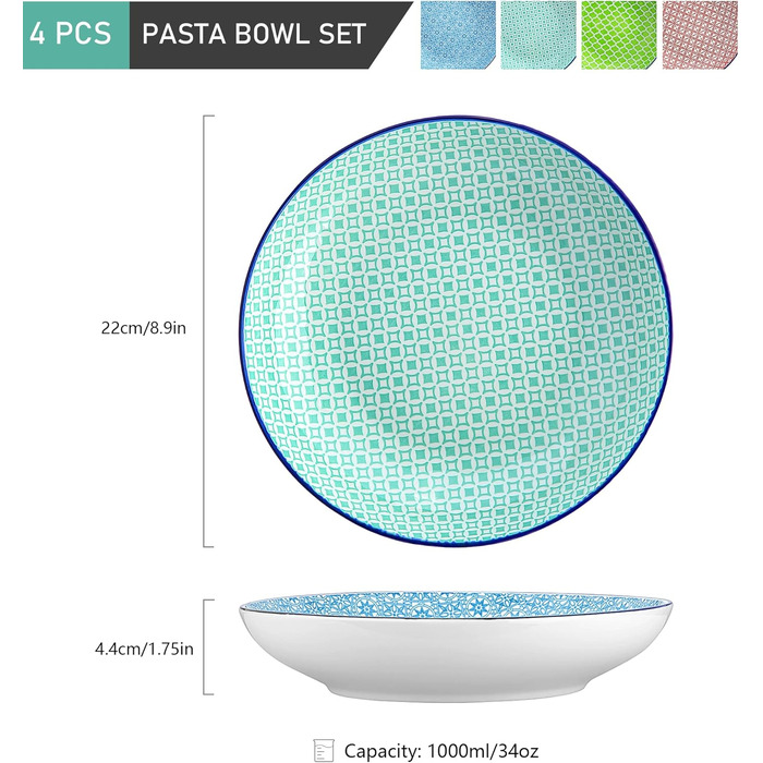 Набір з 4 супових тарілок Кераміка, тарілки для пасти, миски для рамену, дизайн Macaron