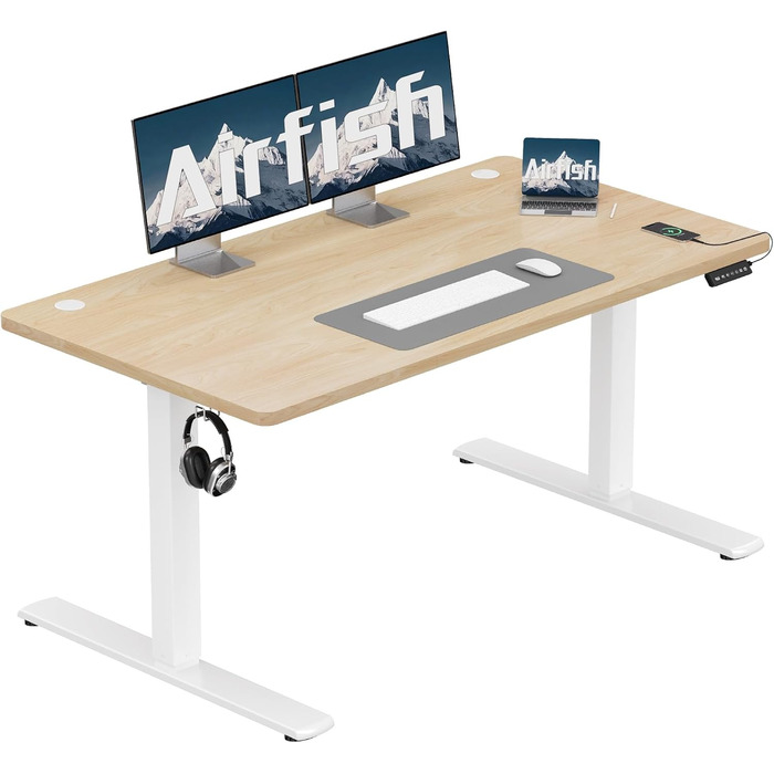 Електричний стіл Airfish 140x60 см з регулюванням висоти, USB-портом і пам’яттю, бежевий