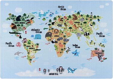 Домашній дитячий килим з коротким ворсом карта світу дизайн тварин дитяча дитяча ігрова кімната висота ворсу 8 мм прямокутна готова м'яка миється форма для хлопчиків і дівчаток білий, колір розмір (120 х 170 см, синій)
