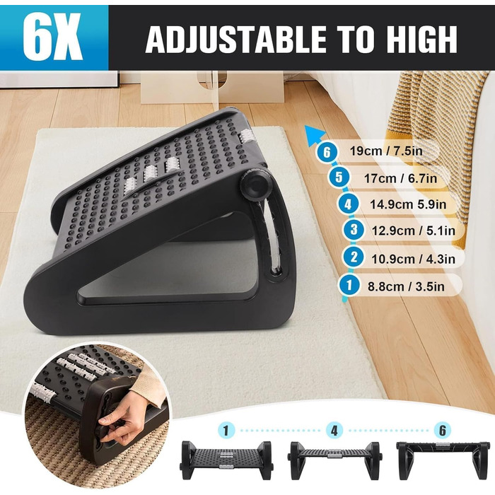 Підніжка для столу з регулюванням висоти та кута на 6 рівнів, з масажем, протиковзка, для зняття болю в ногах, колінах та спині, ідеальна для дому, офісу та подорожей, з трьома ніжками
