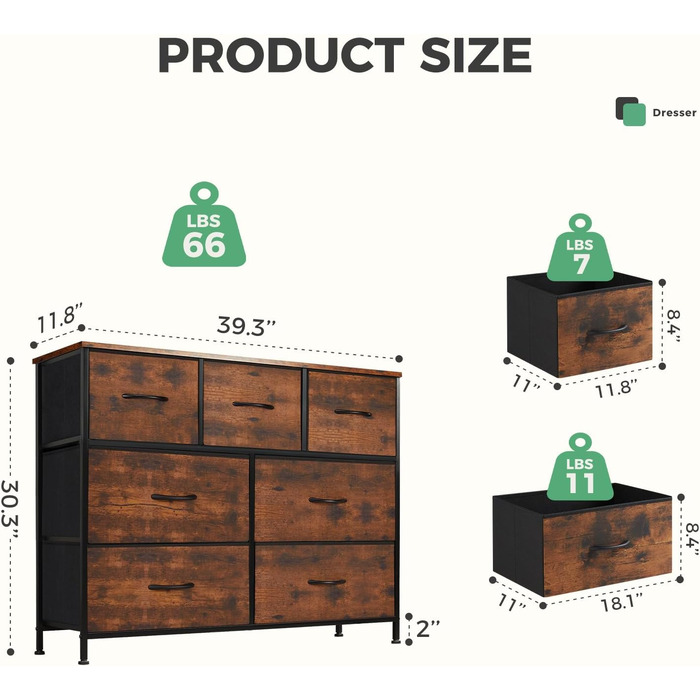 Комод для спальні DUMOS з 7 тканинними ящиками, високим органайзером, металевим каркасом, дерев'яною стільницею (коричневий)
