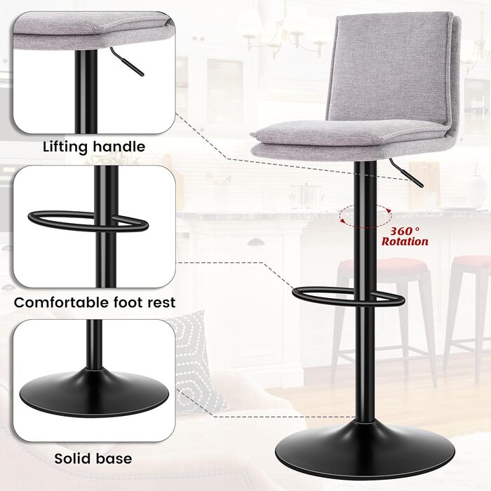 Барний стілець з льону, регульована висота, обертається, з підлокітником, для кухні та їдальні, сірий, 2 шт. Gary New