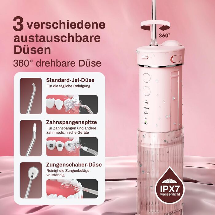 Портативний електричний іригатор для порожнини рота JTF Mini, бездротовий, для подорожей, з 5 насадками, 4 режими, 230 мл, водонепроникний (IPX7), рожевий