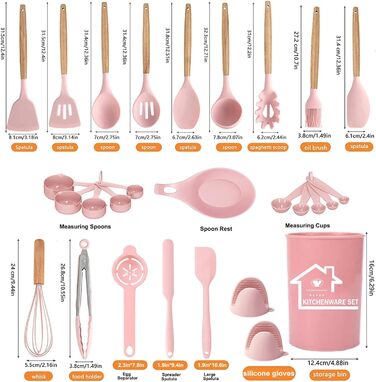 Набір кухонних аксесуарів з силікону, 28 предметів, набір лопаток з підставкою для антипригарного посуду (Рожевий)