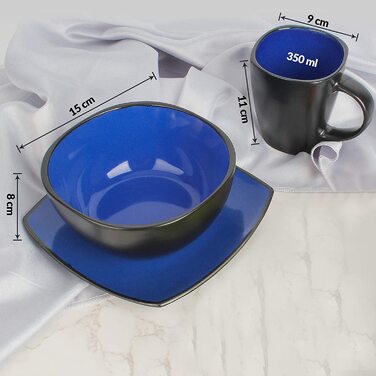 Набір посуду MIAMIO з 16 предметів сервіровка столу (4 миски, 4 кавові чашки, 4 великі тарілки, 4 маленькі тарілки) - Колекція Marsili (синя)