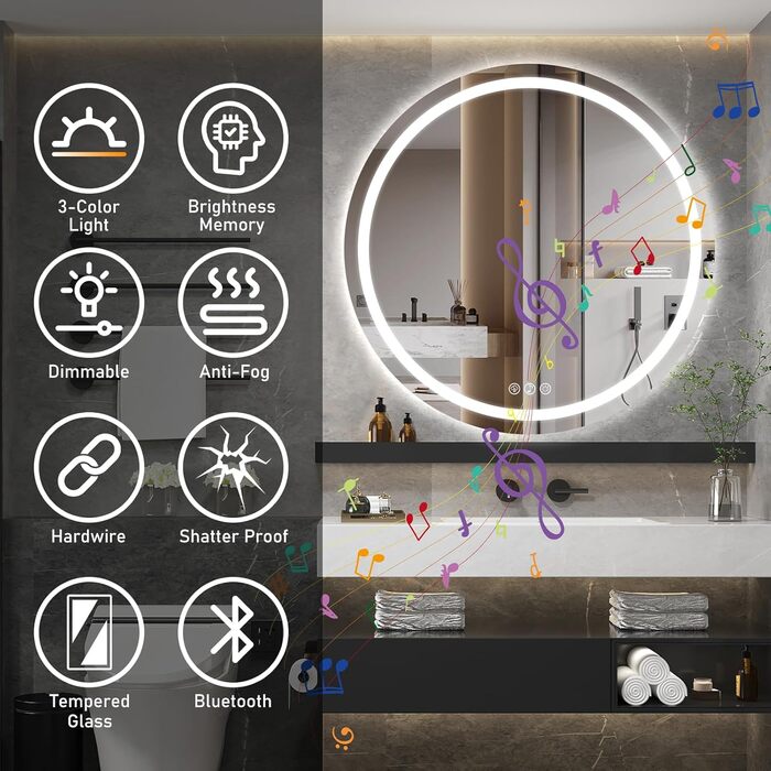 Дзеркало для ванної кімнати з підсвічуванням, 60 см, кругле, з антизапарюванням, регульоване, 3 кольори світла (80x80 см, Bluetooth, антизапар, диммування, 3 кольори)