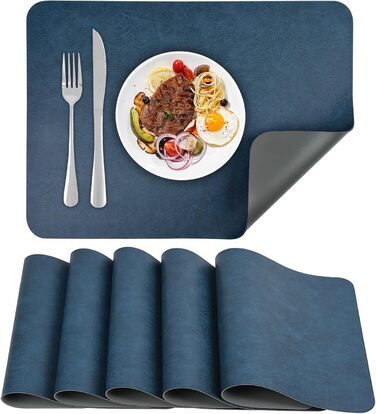 Набори підставки під тарілки 6 шт., неслизькі, миючі, з штучної шкіри, 40 x 30 см (блакитний/сірий)