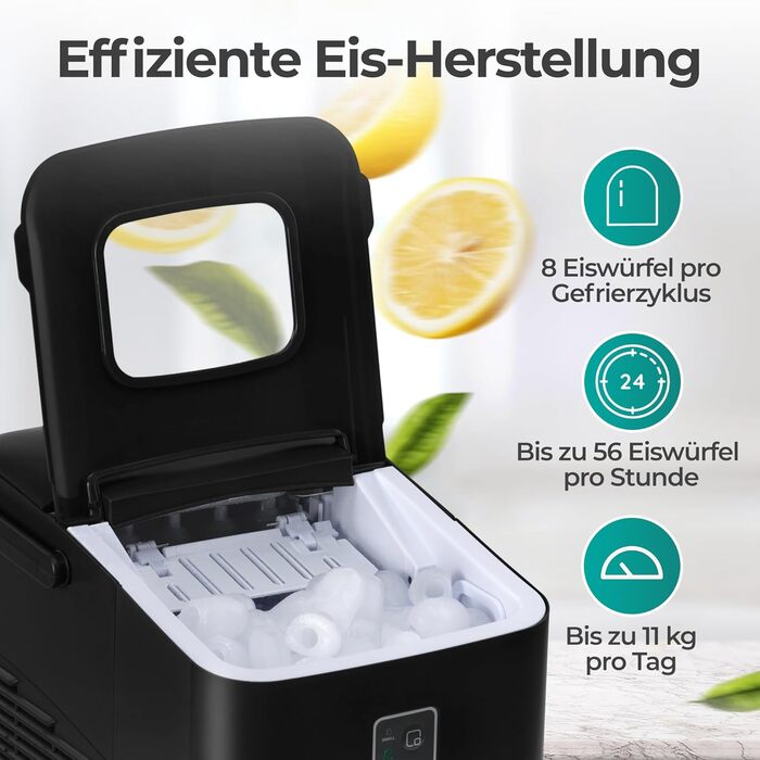 Льодогенератор KLAMER 24 кг/добу, 3 розміри кубиків льоду, 2.2л резервуар, 130W, тихий, чорний