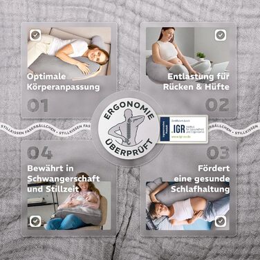 Подушка для вагітних та годування sei Design XXL (190x35 см), ергономічна подушка для сну з чохлом з біо-бавовни муслін, колір тауп