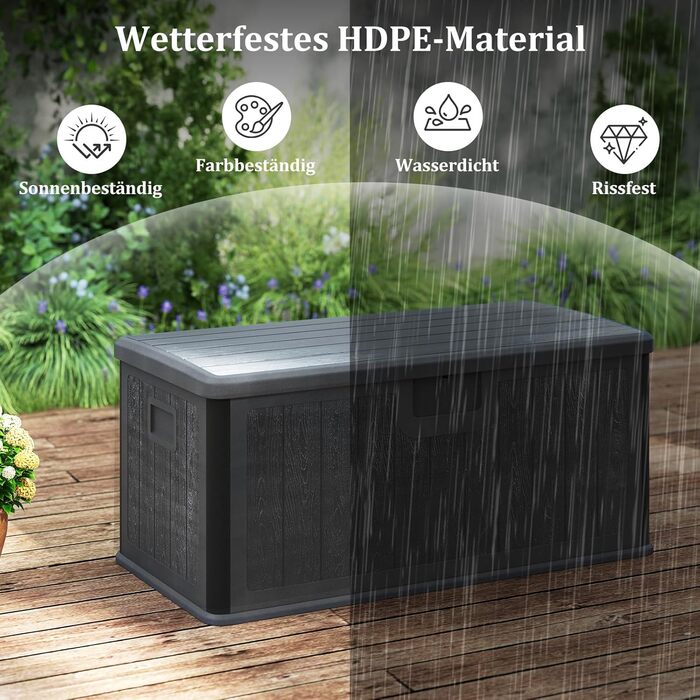 Ящик для зберігання садовий COSTWAY 378 л, водонепроникний, з кришкою на замок, для подушок та інструментів, сірий