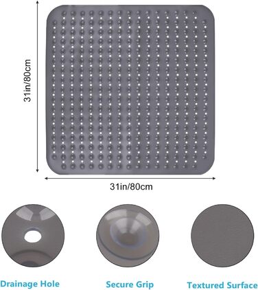 Килимок для душу нековзний 80x80, присоски, протиковзкі, ПВХ, Прозорий сірий