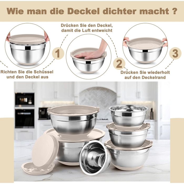 Набір мисок Onader (6 шт) з нержавіючої сталі з кришками та тертками для кухні, 4.6/2.8/2.5/1.6/1.2/0.7 л, стакові та придатні для миття в посудомийній машині, бежевий колір