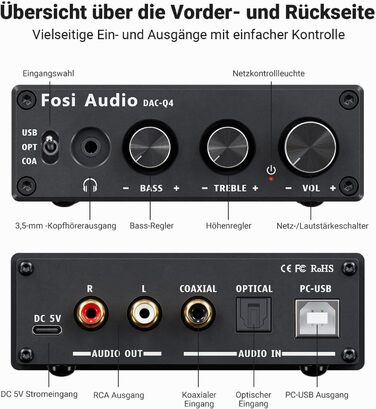 Підсилювач для навушників Fosi Audio Q4, USB-ЦАП 192 кГц, USB/оптичний/коаксіальний входи, вихід 3,5 мм/RCA