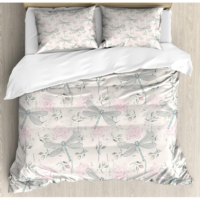 Набір підковдр Dragonfly для односпальних ліжок, вінтажна бабка, захист від кліщів для алергіків Підходить з наволочкою, (230 x 220 см - 70 x 50 см, світло-рожевий блідо-сірий)
