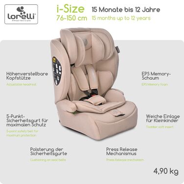 Автокрісло Lorelli Adventure i-Size 9-36 кг, 76-150 см, з регульованою підголівником, 5-точкова система безпеки, бежеве