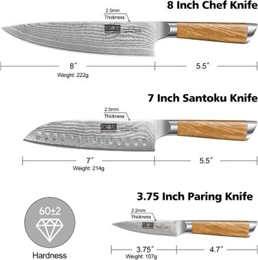 Набір дамаських ножів HOSHANHO з 3 предметів 67 шарів, шеф-ніж 20 см, сантоку 18 см, ніж для чищення шкірки 9,5 см