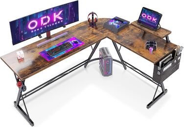 Ігровий стіл ODK Gaming, кутовий стіл для геймерів, стіл у формі L з підставкою для монітора, для офісу (Вінтаж Коричневий, 167 x 120 см)