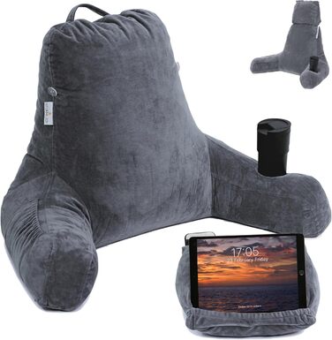 Storrejoy Велике подушко-крісло для читання - спинка для сидіння в ліжку з підлокітниками, знімною подушкою для голови, з піною з пам'яті, тримачем для книги/планшета, кишенями для зберігання та отвором для ручки (Антрацит) Темно-сірий