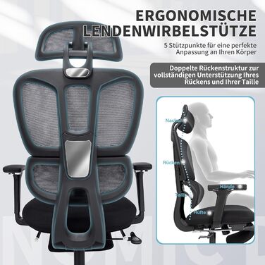 Ергономічне крісло для офісу з підніжкою, висока спинка, 2D підголівник, відкидні підлокітники, сидіння з губки, сітчастий офісний крісло, крісло для начальника, комп'ютерне крісло для дорослих, чорне