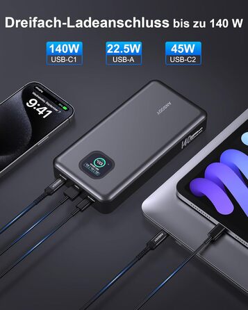 Power Bank 140W, 25000mAh з дисплеєм для ноутбука, MacBook, iPad, iPhone, Switch. Швидка зарядка PD3.1 (Сірий)