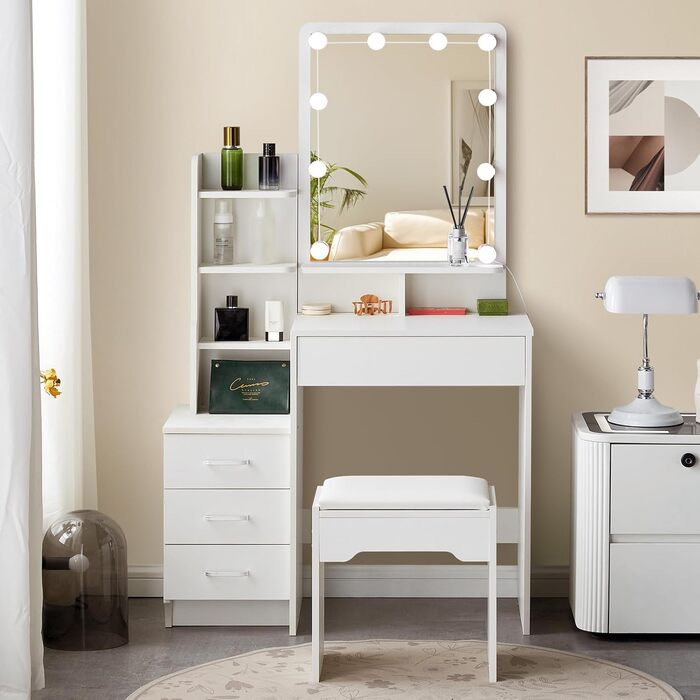 Тюльпанний туалетний столик TUKAILAI з LED-підсвічуванням та пуфом, дзеркало з 3 кольорами, компактний столик для макіяжу з шухлядою та відкритими полицями, 87x40x149 см