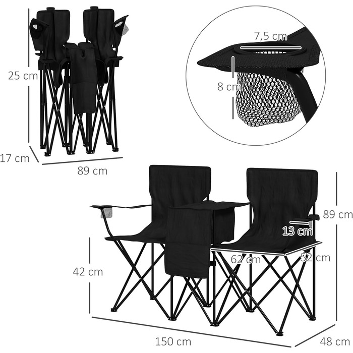 Подвійне крісло для кемпінгу Outsunny, портативне подвійне розкладне крісло зі столом, підстаканником, відсіками для зберігання, садовим стільцем для 2 осіб, для газону, пляжу, чорного