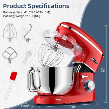 Кухонна машина Cheflee 2000W з місткістю 6.2л, нержавіюча сталь, 6 швидкостей, низький шум, насадки для замішування та збивання, для тіста та крему
