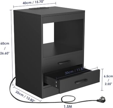 Приліжкова/журнальний столик Lvhecforhm розетки, USB, LED 16 кольорів, чорний, шухляда, 40x35x60см