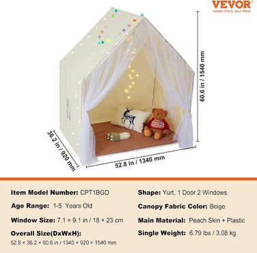 Дитячий намет VEVOR Tipi для дітей 1-5 років, складний намет з килимком та сумкою, з вікнами, для хлопчиків та дівчаток, бежевий (монгольський намет)