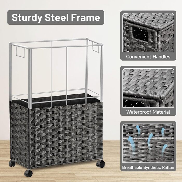 Кошик для білизни 70L з кришкою та колесами, коричневий. 2 мішки для білизни та 3 сітчасті мішки. Складний, ручної роботи, з ротангу.