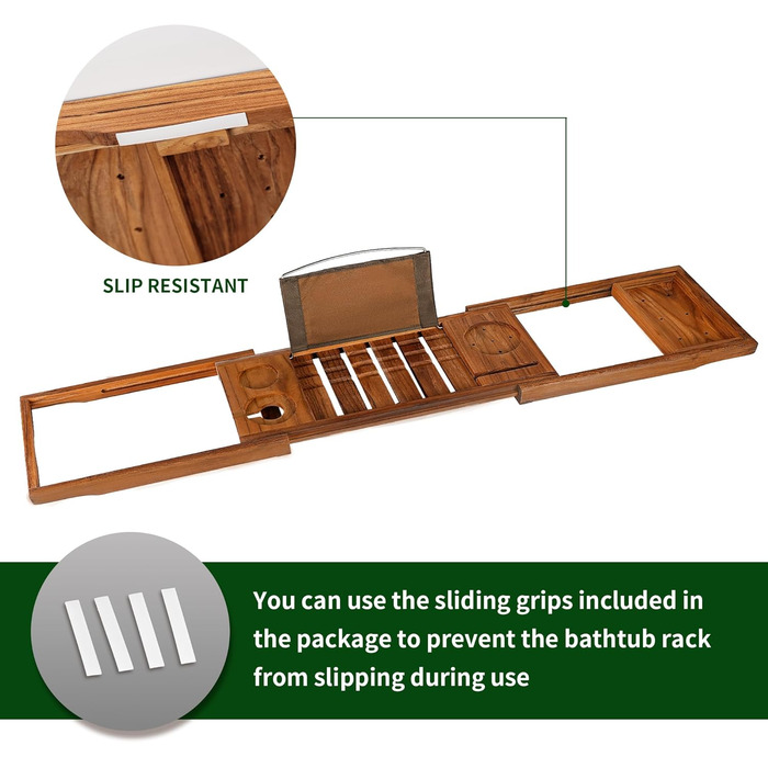Підставка для ванни VaeFae з текового дерева, регульована, з тримачем для напоїв та книг, висувна, з безкоштовною тековою щіткою для тіла