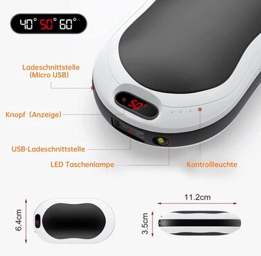 Електричний грілка для рук USB з акумулятором 10000mAh, 3 режими температури, для жінок та чоловіків, Outdoor, чорний