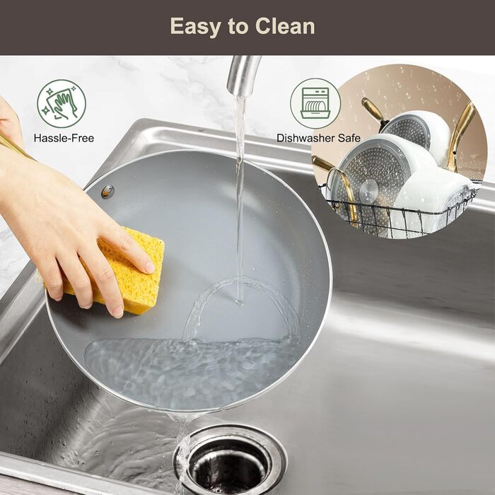 Набір посуду з керамічним покриттям: каструлі та сковорідки з кришками, здоровий, антипригарний (без PFAS, PFOA), для плити, духовки, мийки, бежевий/білий з золотом