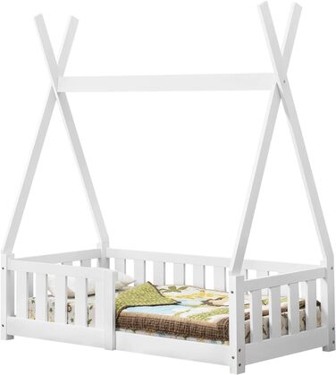 Дитяче ліжко Helsingborg 70x140см із захистом від падіння в дизайні tipi з деревини сосни Ліжко молодіжне Ліжко дерев'яне Ліжко-будиночок (білий)