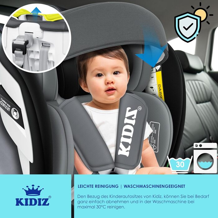 Автокрісло KIDIZ® i-Size ECE R129 для дітей 0-12 років (0-36 кг), 360° обертання, Isofix, Top Tether, 5-точкові ремені, з сонцезахистом, чорне