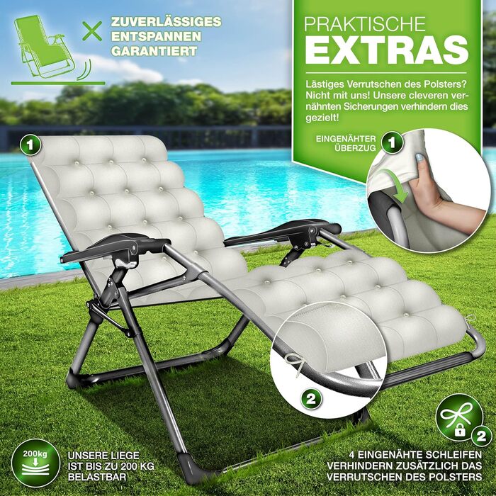 Розкладний шезлонг Tillvex® для саду та відпочинку на вулиці | Максимальне навантаження 200 кг, регульована спинка, товсте положення, подушка для шиї | Для балкона, саду та тераси | Бежевий колір