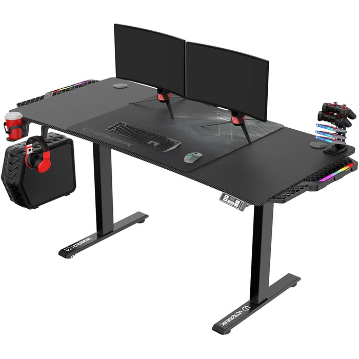 ULTRADESK Стол для роботи з регулюванням висоти V2 - електричний, 140x68 см, для геймінгу, офісу, дому - з XL-килимком для миші (чорний)