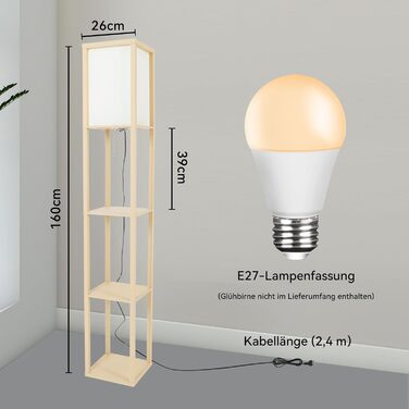 Торшер YU YUSING з 3 дерев'яними полицями, цоколем E27, 1,6 м LED для вітальні/спальні (жовтий)