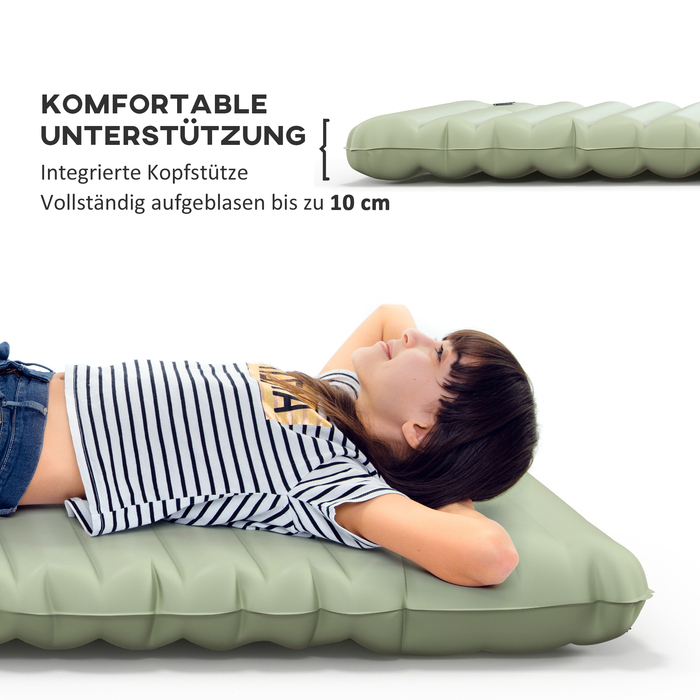 Водовідштовхувальний повітряний матрац Outsunny Camping Sleeping Mattres, з сумкою для перенесення ножного насоса, зелений до 80 кг для пригод на свіжому повітрі