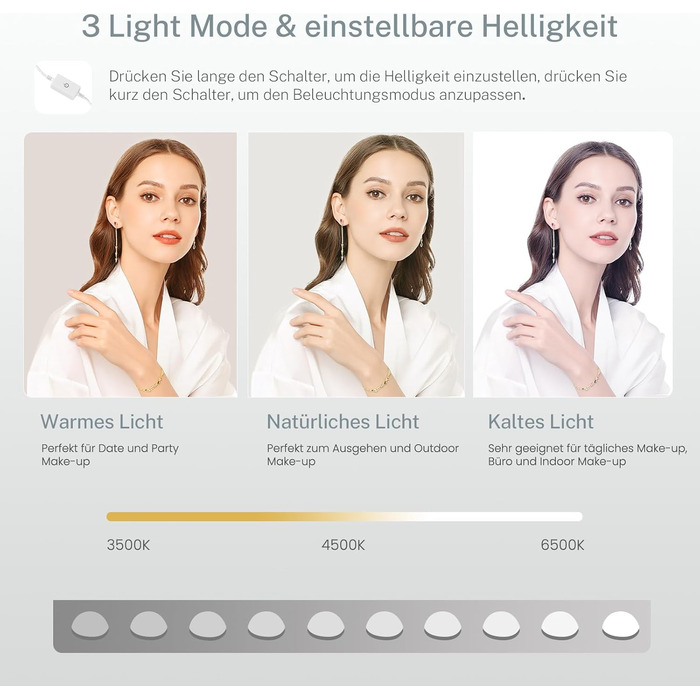 Трюмо TEENFON з дзеркалом та підсвічуванням, біле. 4 шухляди, 4 відкриті полиці, 5 гачків для прикрас.