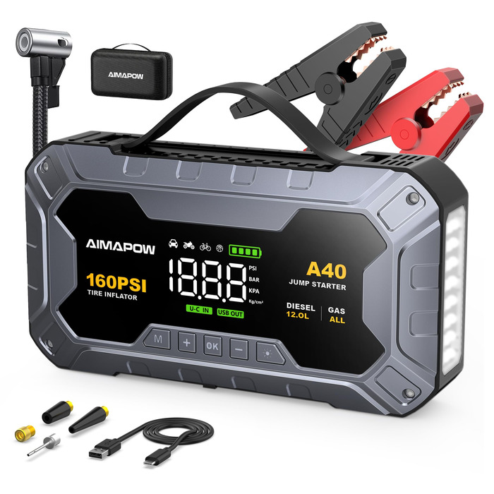 Powerbank для автомобіля AIMAPOW Starthilfe 8000A з компресором та LED-ліхтарем, 27000mAh, 160PSI, для бензинових та дизельних двигунів (до 12.0L)