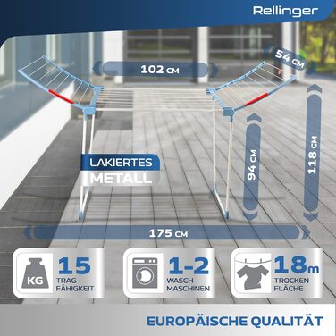 RELLINGER® Сушарка для білизни - розкладна XXL, 18 метрів сушіння - преміум якість, нековзна, для балкону