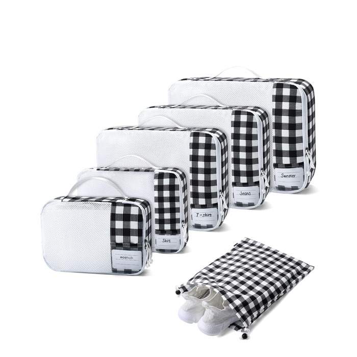 Набір органайзерів для валізи ECOHUB, 6 шт, дорожні компресійні сумки-кубики з ID-тегами, повітропроникні органайзери для одягу та рюкзака, чорно-білий колір