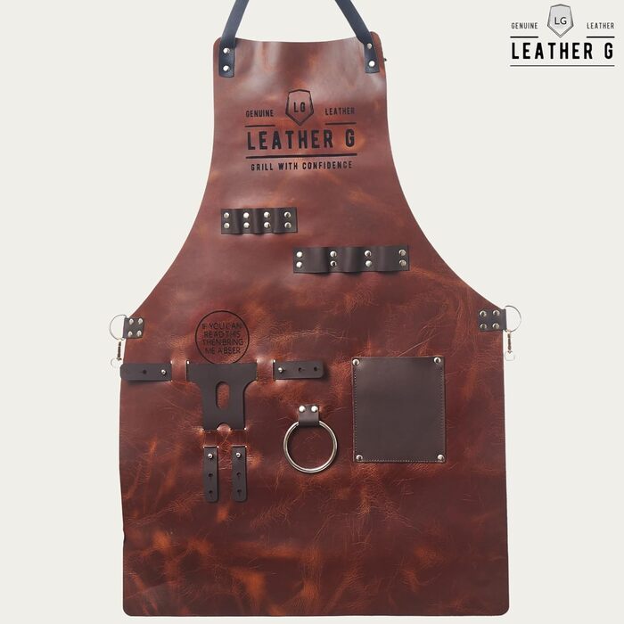 Фартух для гриля зі шкіри з тримачем для пива, BBQ Pitmaster – міцний, з кишенями, регульовані лямки (коричнева шкіра)
